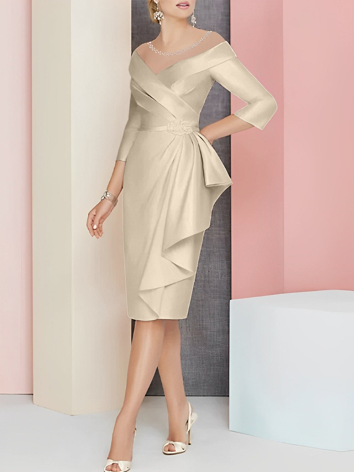 Knee Length V Neck Sheath Column Mother of the Bride Dress