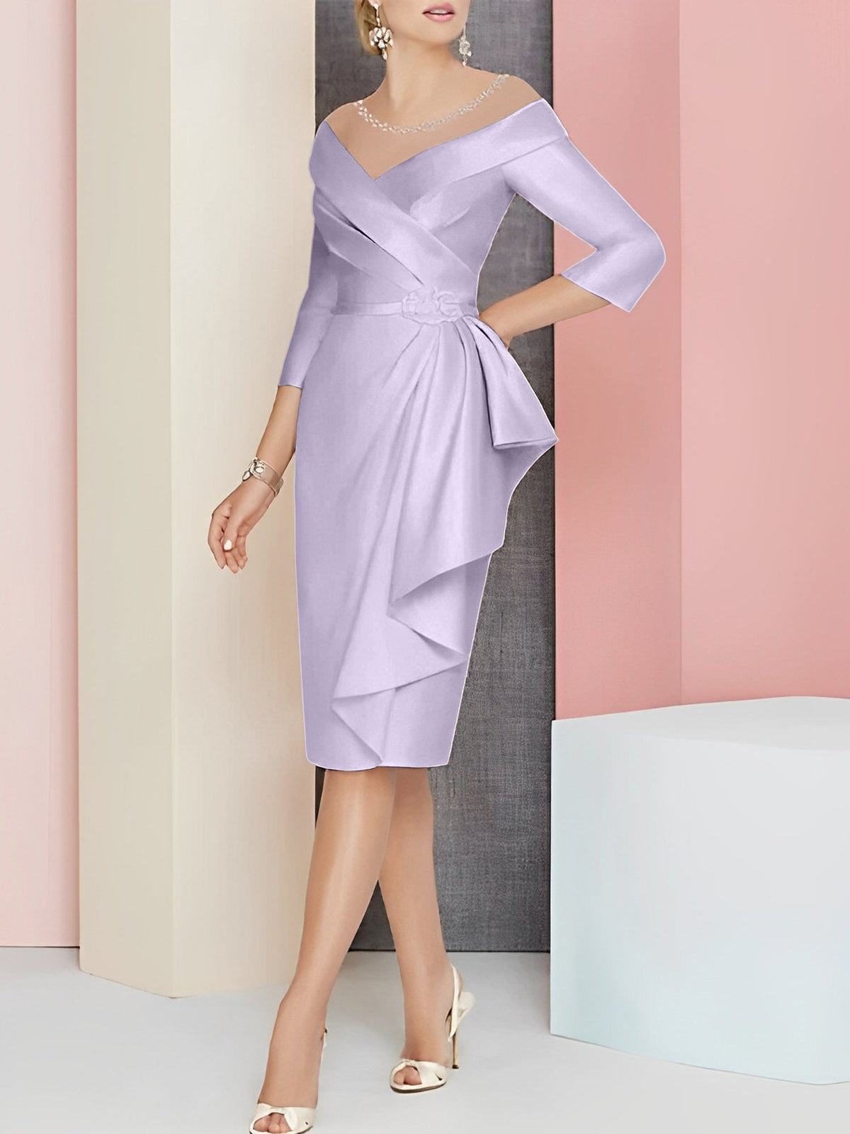 Knee Length V Neck Sheath Column Mother of the Bride Dress