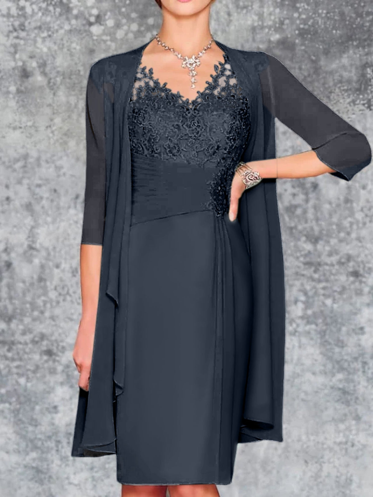 Knee Length V Neck Sheath Column Mother of the Bride Dress