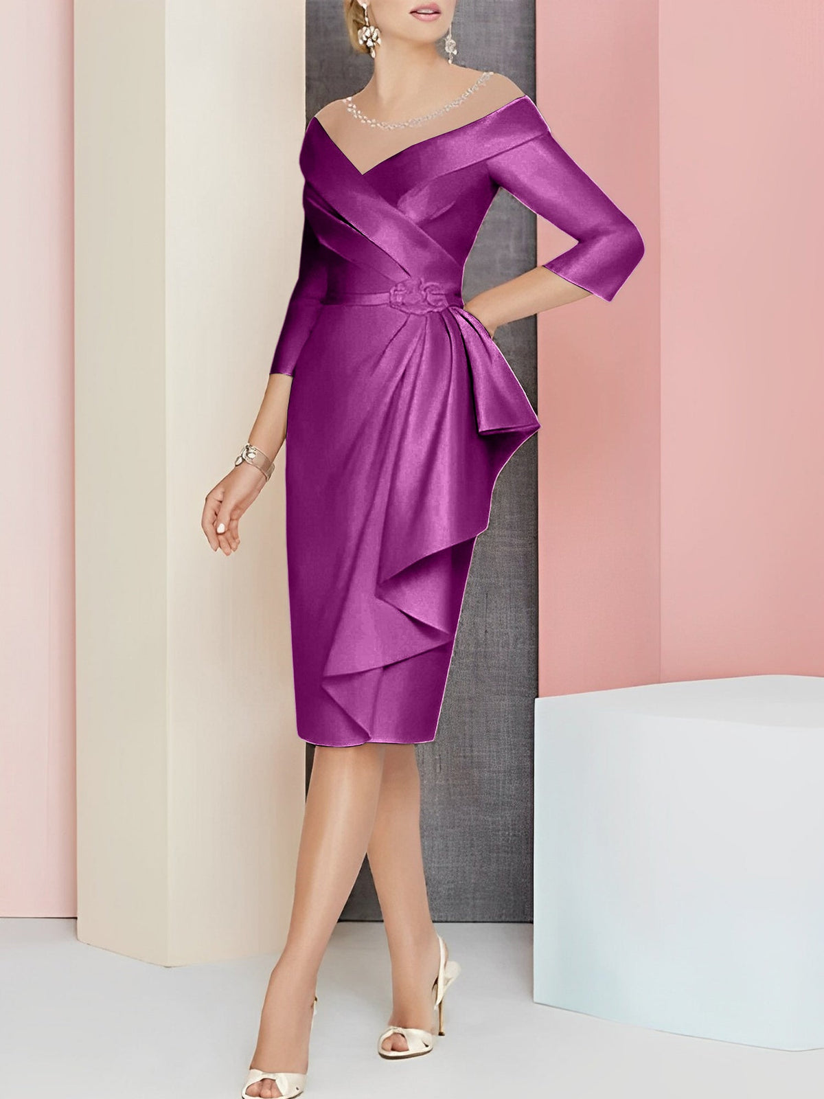 Knee Length V Neck Sheath Column Mother of the Bride Dress