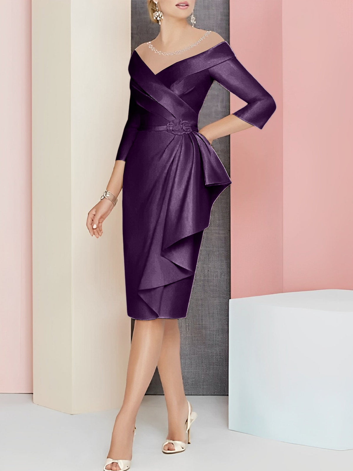 Knee Length V Neck Sheath Column Mother of the Bride Dress