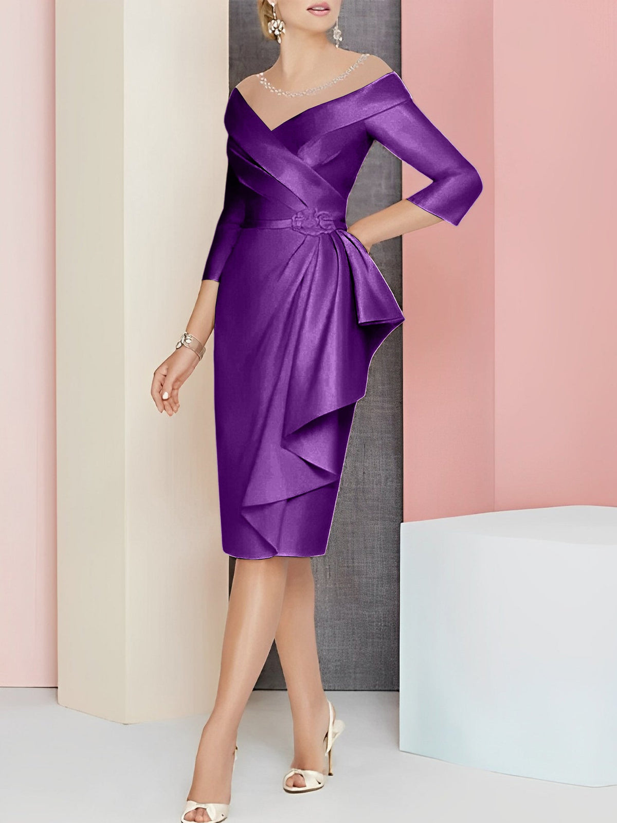 Knee Length V Neck Sheath Column Mother of the Bride Dress