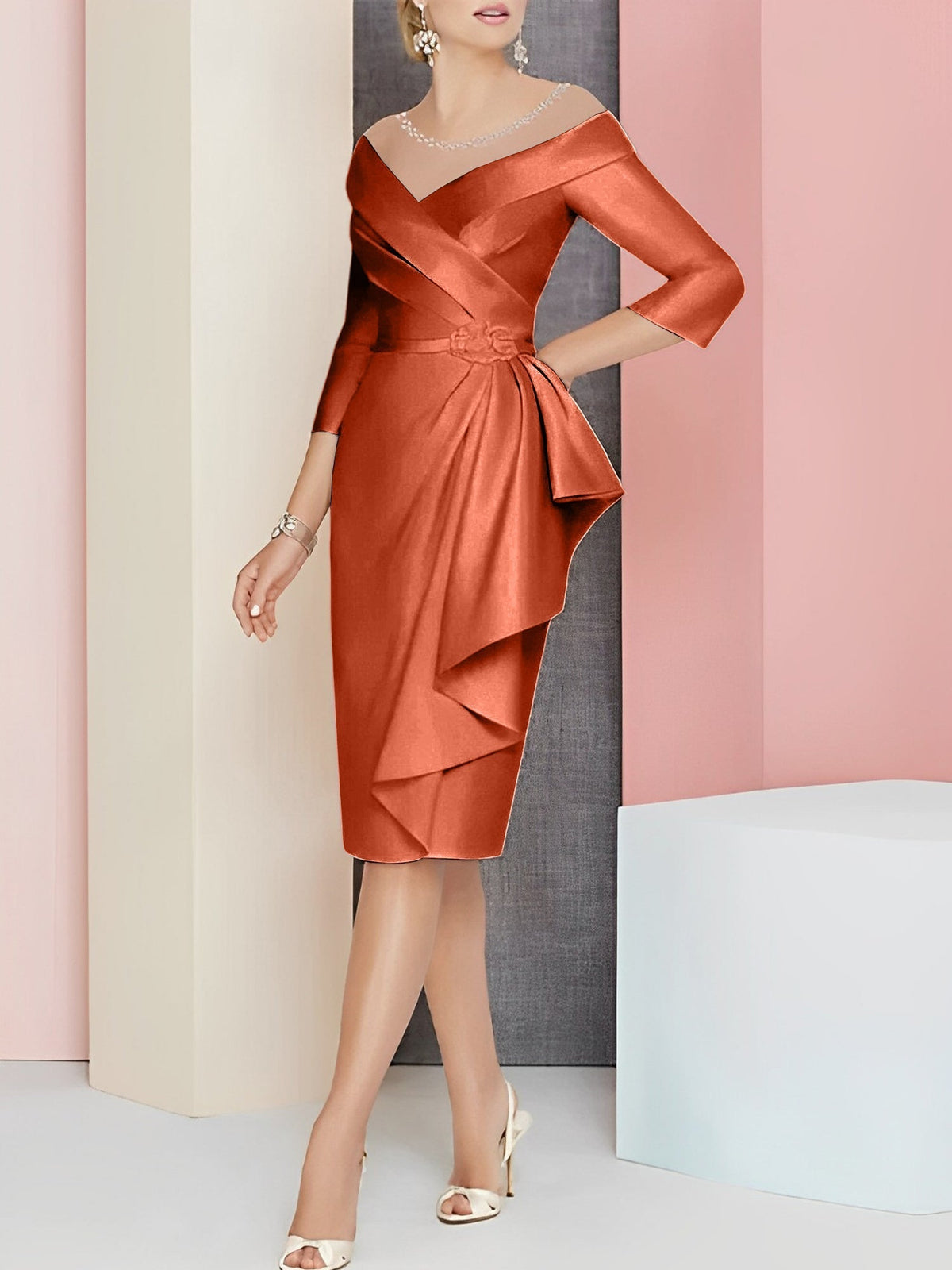 Knee Length V Neck Sheath Column Mother of the Bride Dress