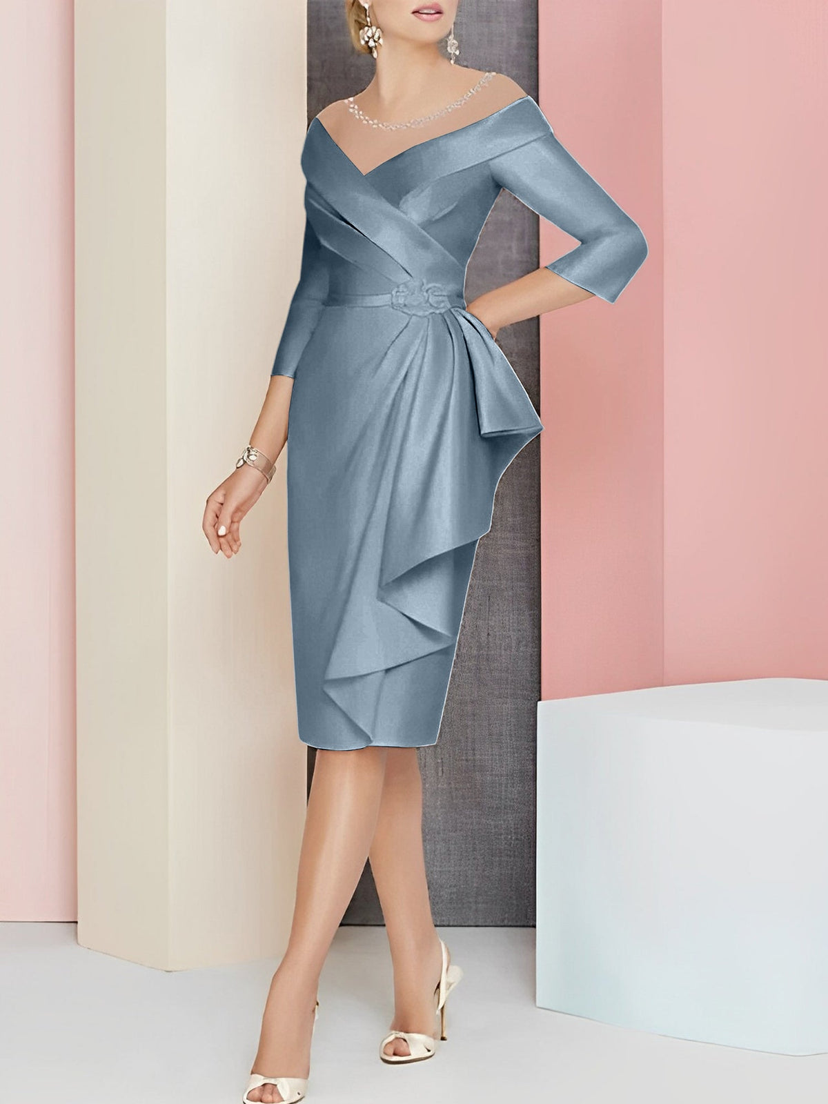Knee Length V Neck Sheath Column Mother of the Bride Dress