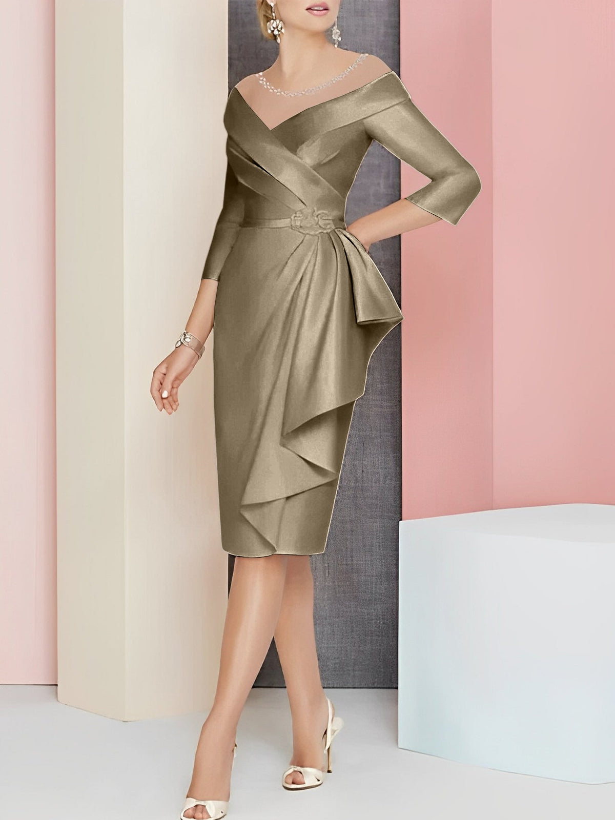 Knee Length V Neck Sheath Column Mother of the Bride Dress
