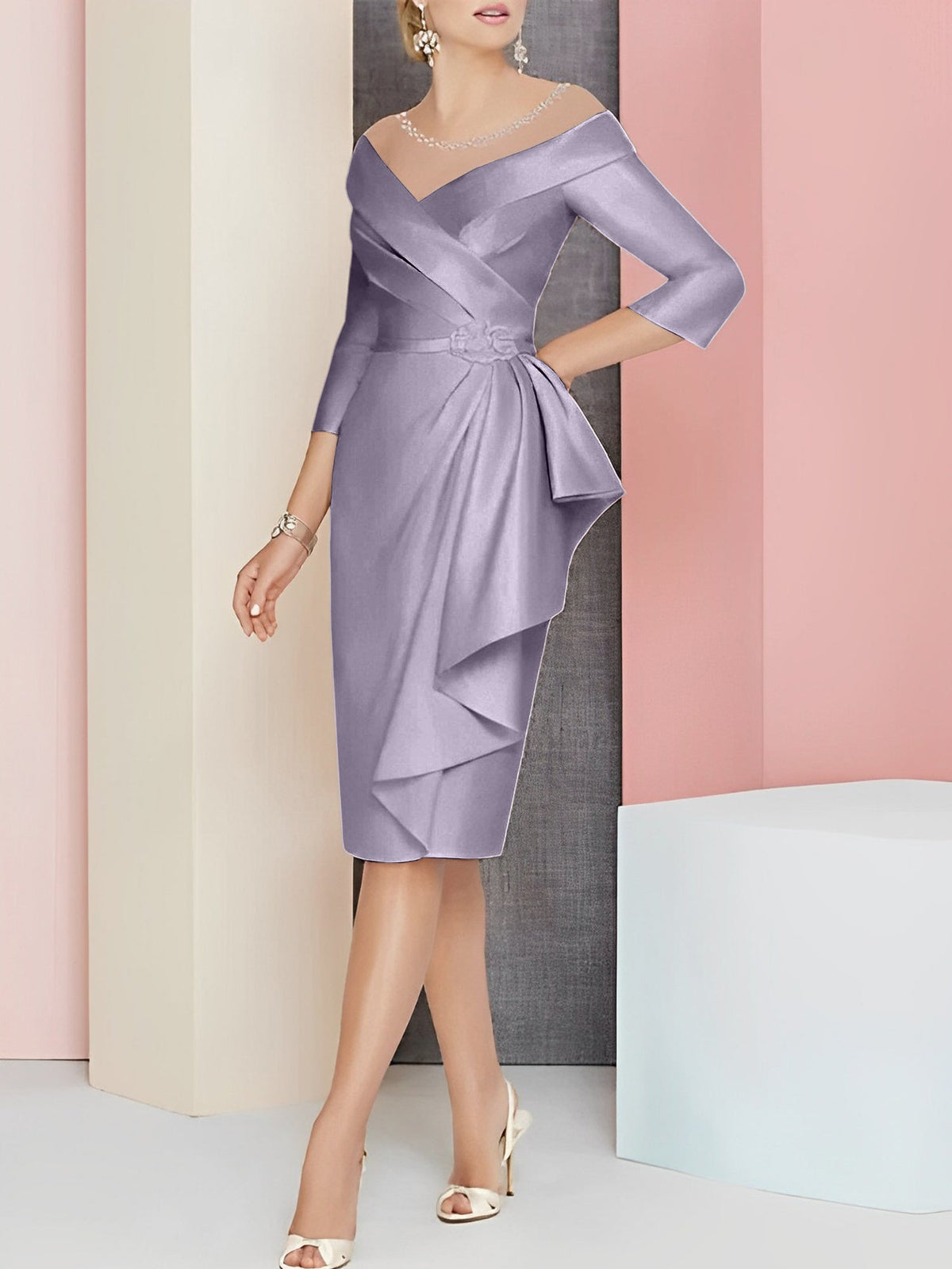 Knee Length V Neck Sheath Column Mother of the Bride Dress