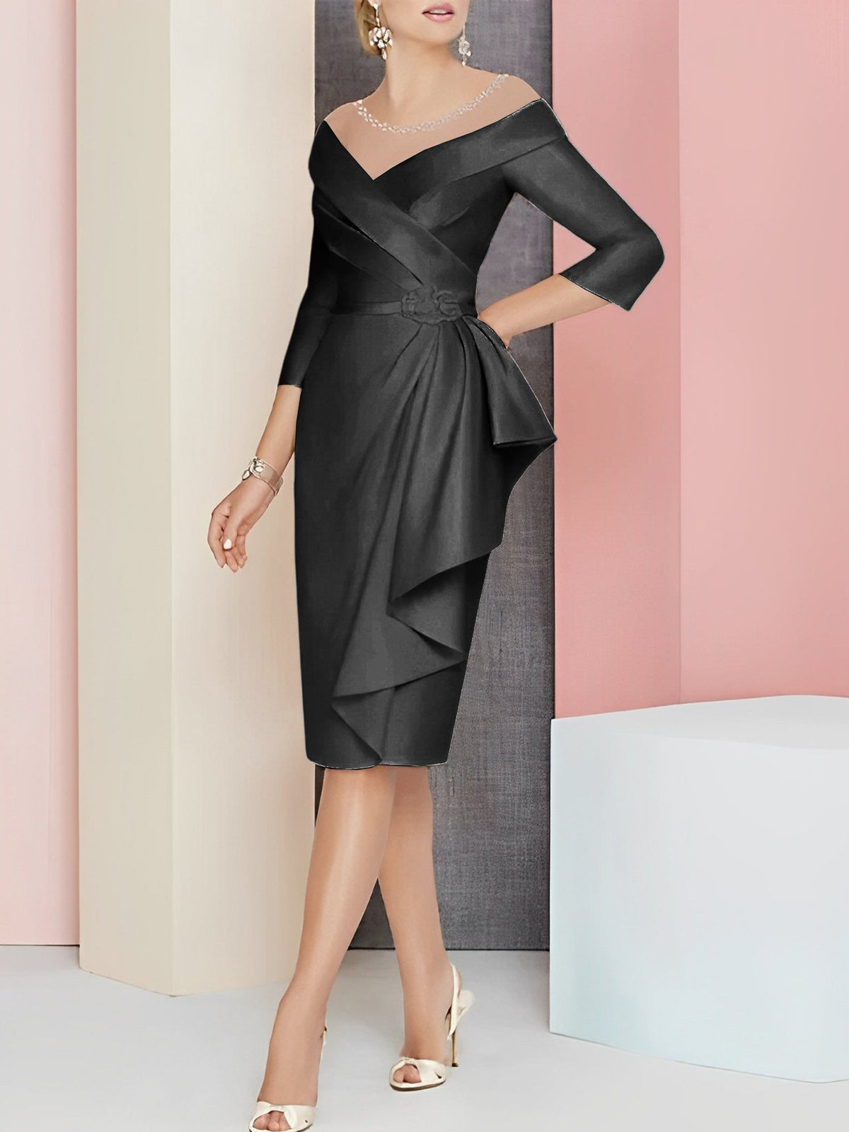Knee Length V Neck Sheath Column Mother of the Bride Dress