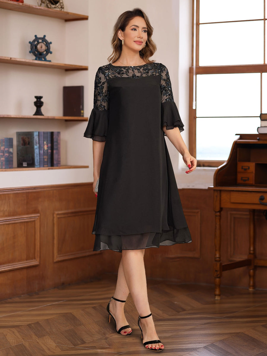Knee length A line Dress with Round Neck Half Sleeves Lace Appliques and Ruffles for Mothers of the Bride & Groom