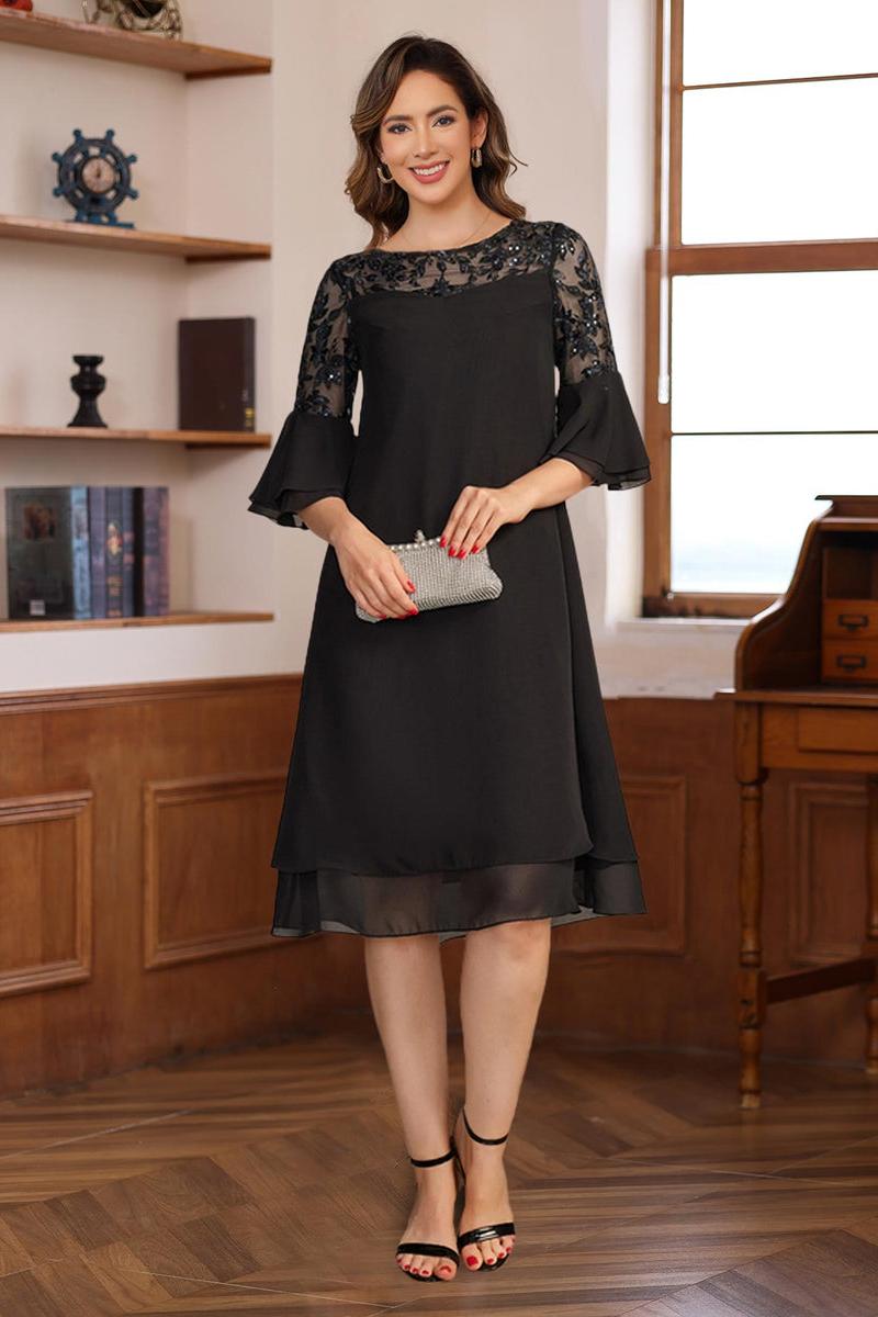 Knee length A line Dress with Round Neck Half Sleeves Lace Appliques and Ruffles for Mothers of the Bride & Groom