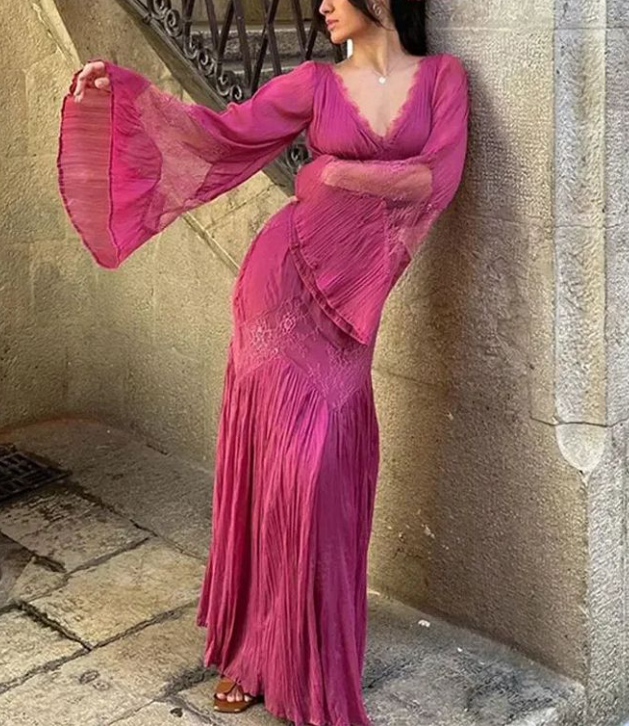 Pink Chiffon Lace Party Dress Elegant Long Prom Dress - VelvetHem