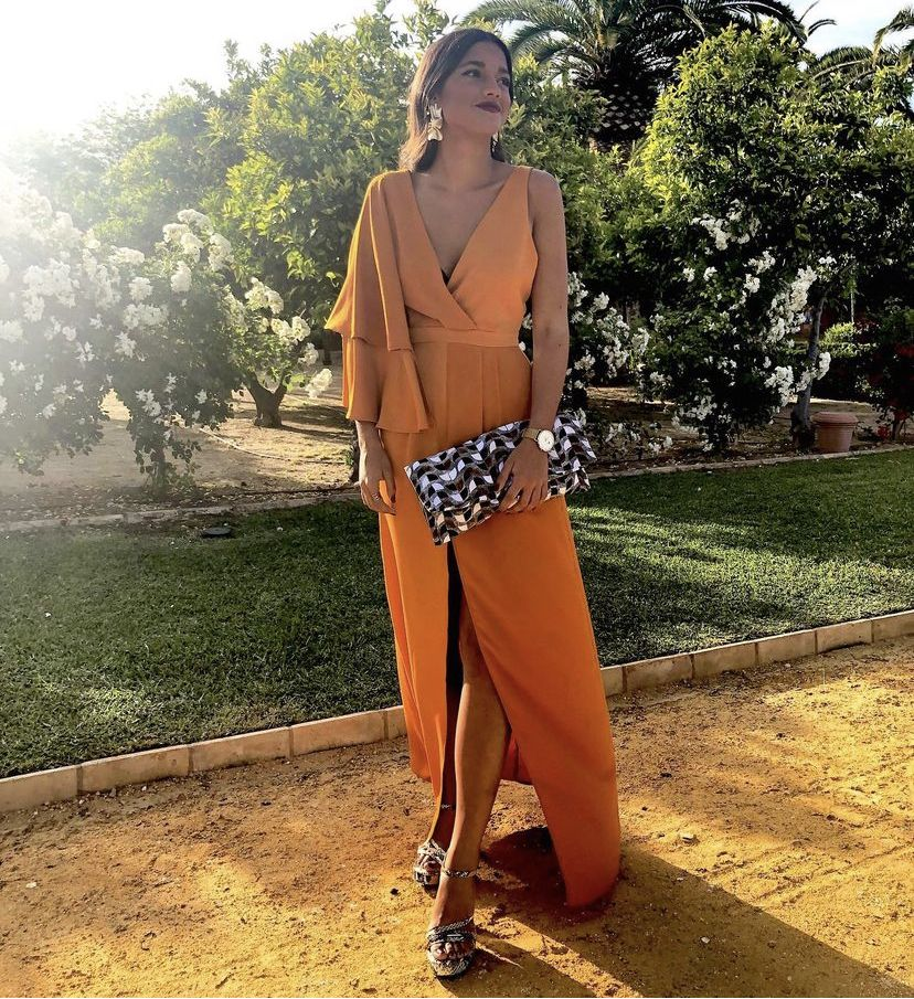 Stunning Orange V Neck Prom Dress,Orange Wedding Guest Outfit - View 2 | VelvetHem