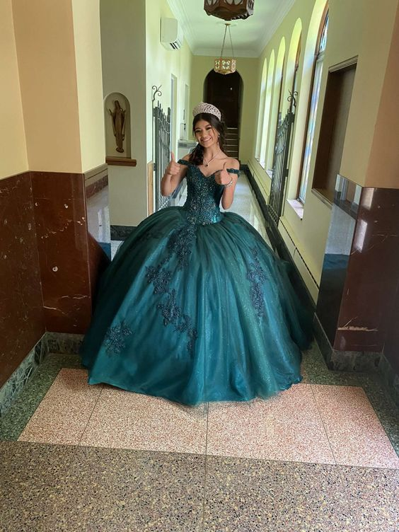 Stunning Green Tulle Appliques Ball Gown Sweet 16 Dress - VelvetHem