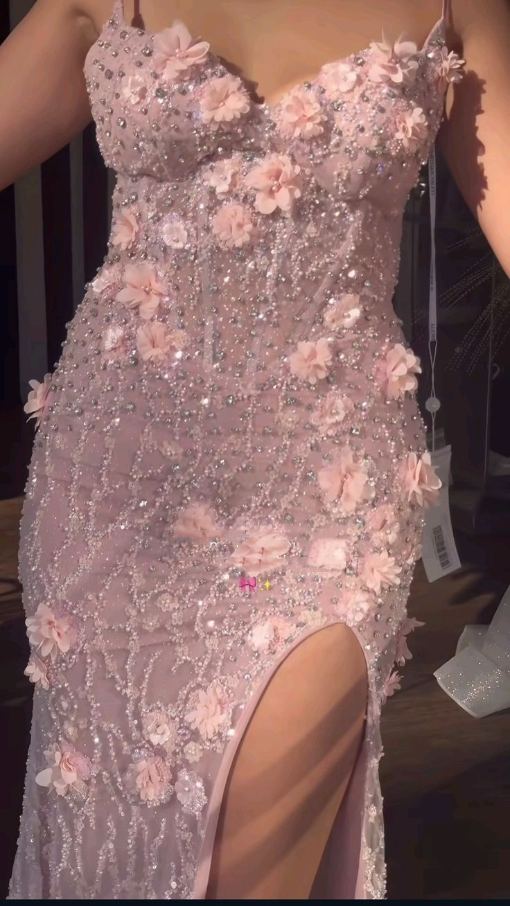 Gorgeous Spaghetti Straps Pink Sequin Beaded Slit mermaid Evening Dress Long Birthday Party Dress With 3D Flowers - View 2 | VelvetHem
