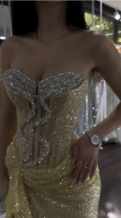 Glitter Strapless Yellow Sequin Beaded Mermaid Slit Evening Dress Formal Birthday Party Dress - View 3 | VelvetHem