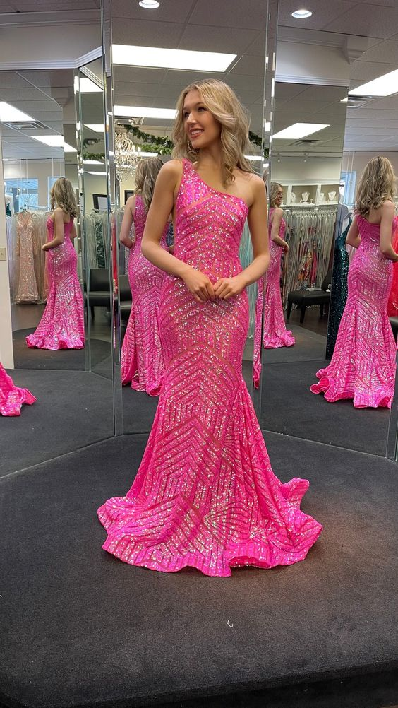 Hot Pink Sequin One-Shoulder Mermaid Long Prom Dress - VelvetHem