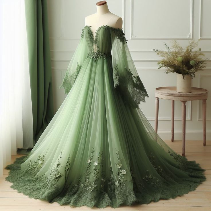 Vintage Green Lace Appliques Party Dress Evening Gown