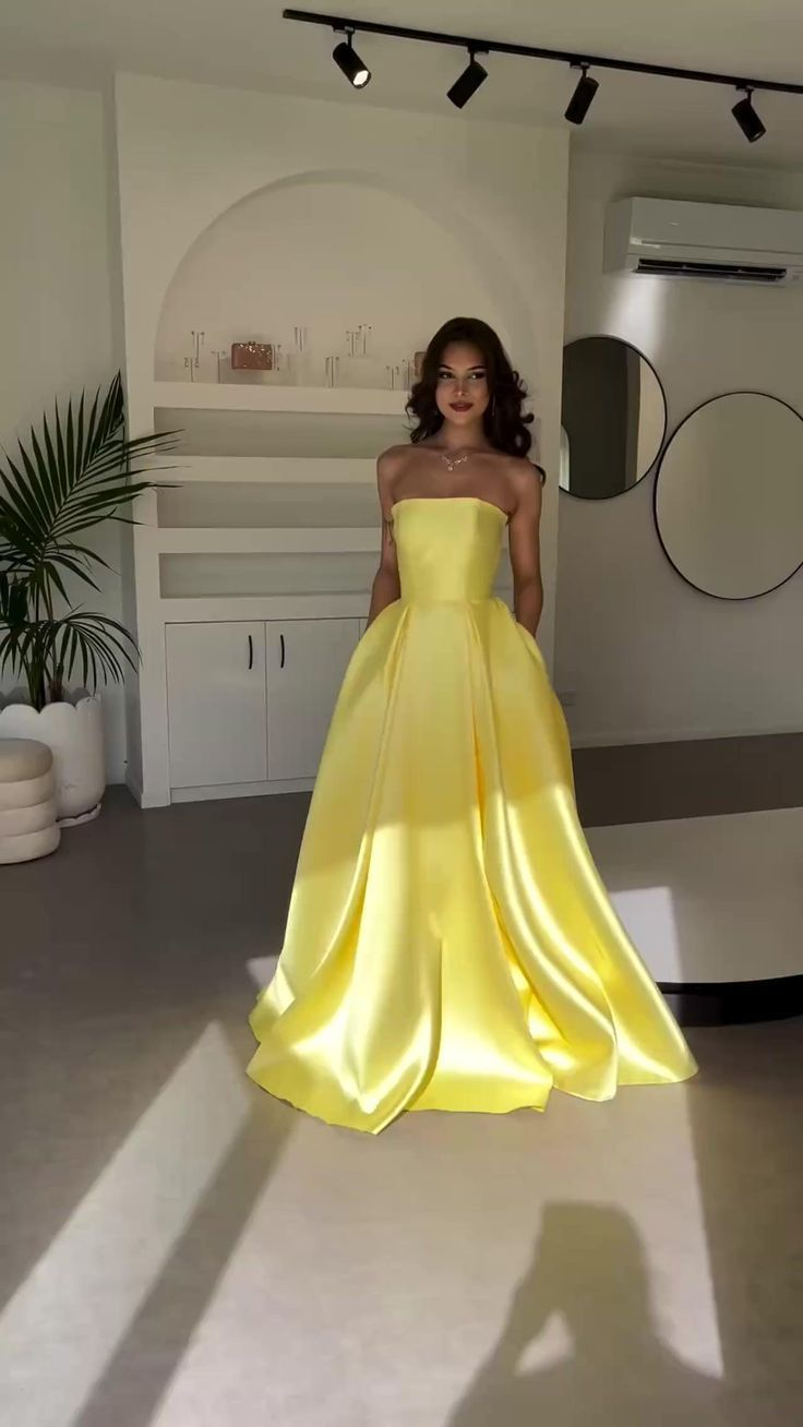 Gorgeous Yellow Satin A Line Party Evening Dress With Pockets - VelvetHem
