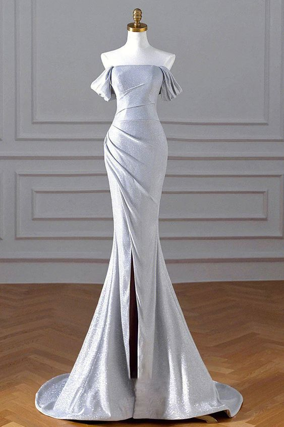 Sparkly Mermaid Silver Sequin Prom Dress Off the Shoulder Evening Gown with Slit Y5233 - VelvetHem