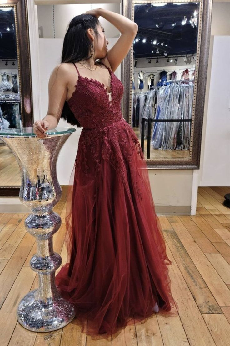 Wine Red Lace Plunge V Lace-Up A-Line Prom Dress - VelvetHem