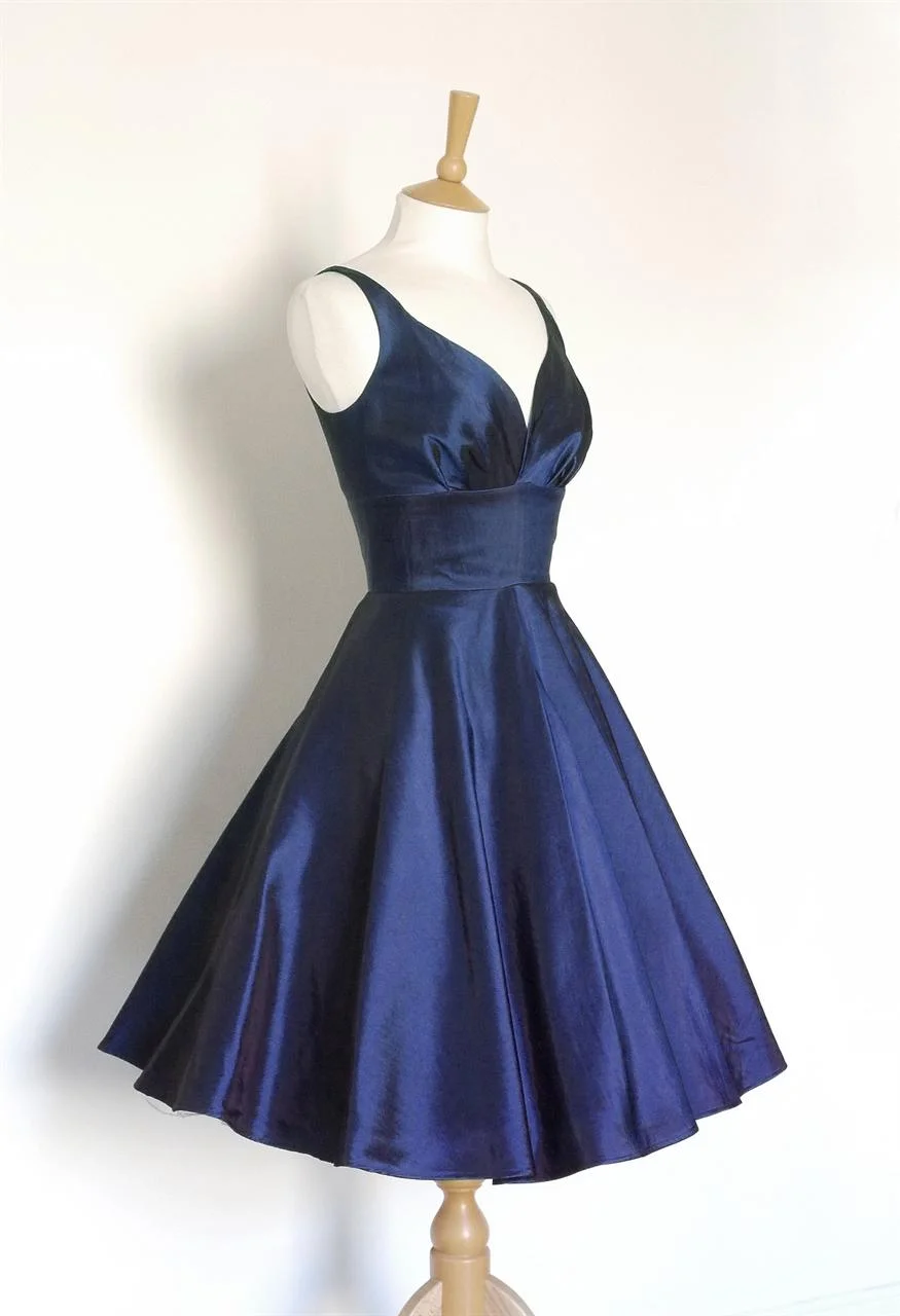 Midnight Blue Taffeta Sweetheart Swing Homecoming Dress Short Party Dress - VelvetHem