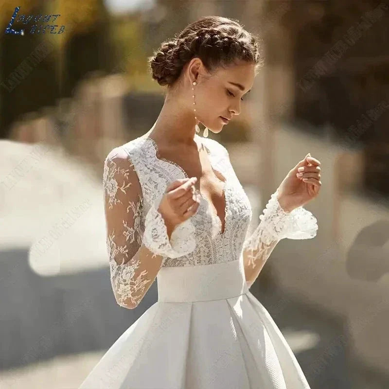 Elegant Wedding Dresses For Woman Vestidos De Novia V Neck Lace Long Sleeves Satin Bridal Gown Illusion Back Bride (ZD13481)
