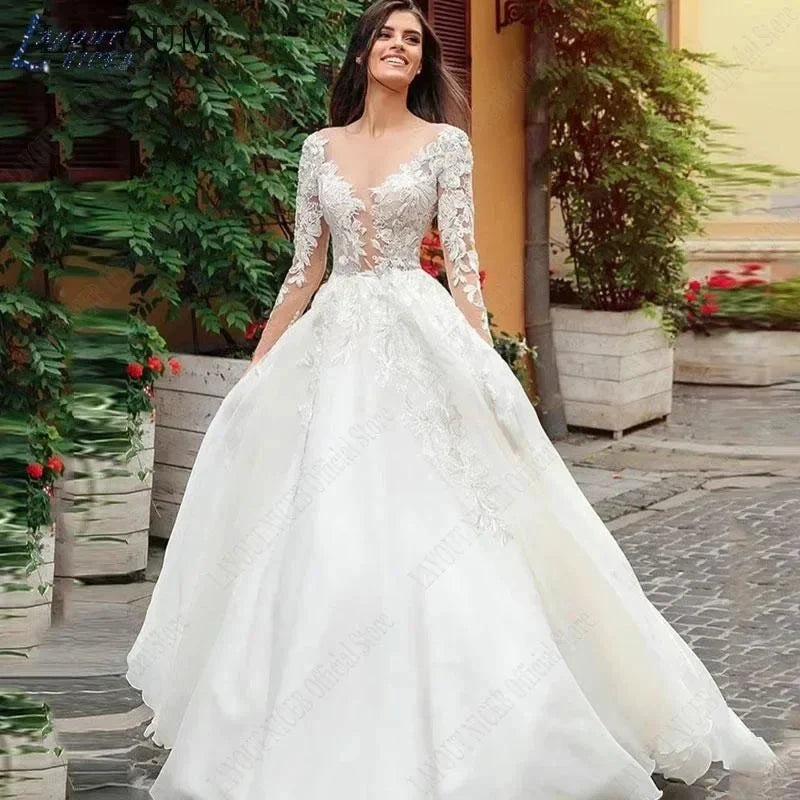 Graceful Wedding Dresses Bobo Illusion Long Sleeves Women Appliqued Lace Bridal Gowns Sexy Tulle فستان حفلات الزفاف by payinti