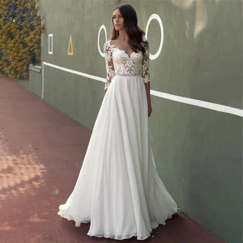 Lace Wedding Dresses Women Chiffon Boho Appliques Bridal Gowns Half Sleeve Beach Vestidos De Novia Casamento Civil (ZD13348) - VelvetHem