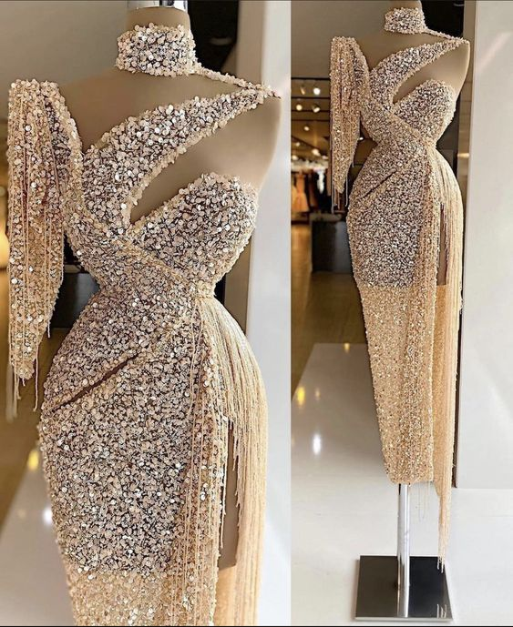 Sparkly Sequin Evening Dress Side Slit Prom Dress One Shoulder Tassels Custom Made Y6411 - VelvetHem
