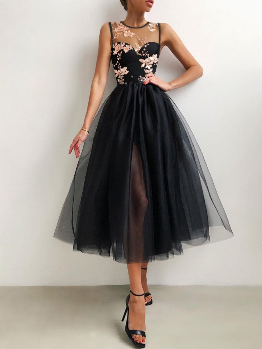 Flower Embroidered Mesh Slit Front Evening Dress - VelvetHem