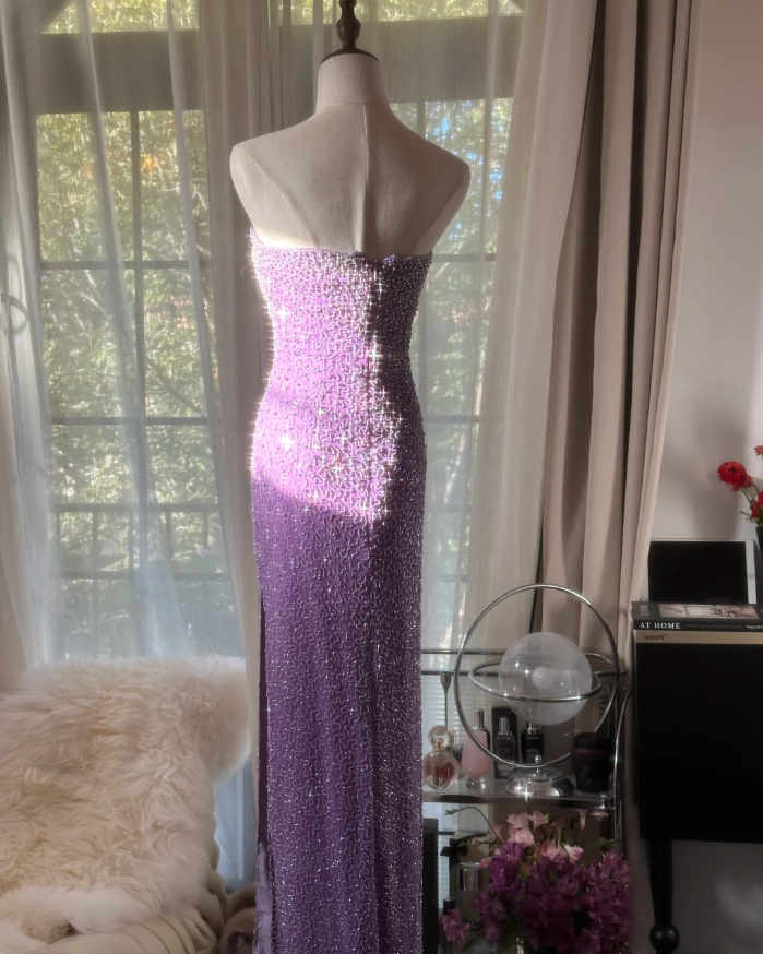 Glamorous Strapless Purple Chiffon Beaded Sheath Slit Prom Dress Long Party Gown - View 8 | VelvetHem