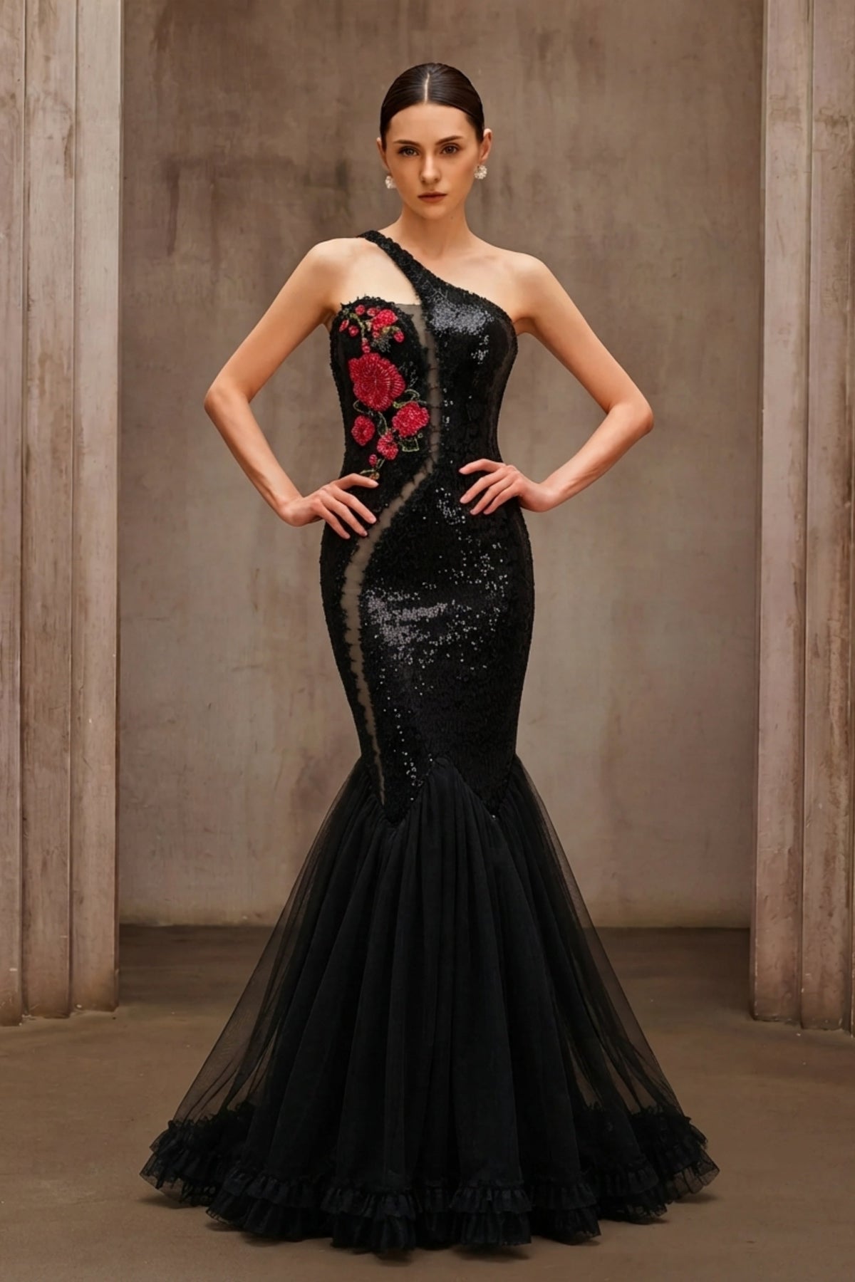 Floral Embroidered One-Shoulder Sequin Mermaid Evening Dress - VelvetHem