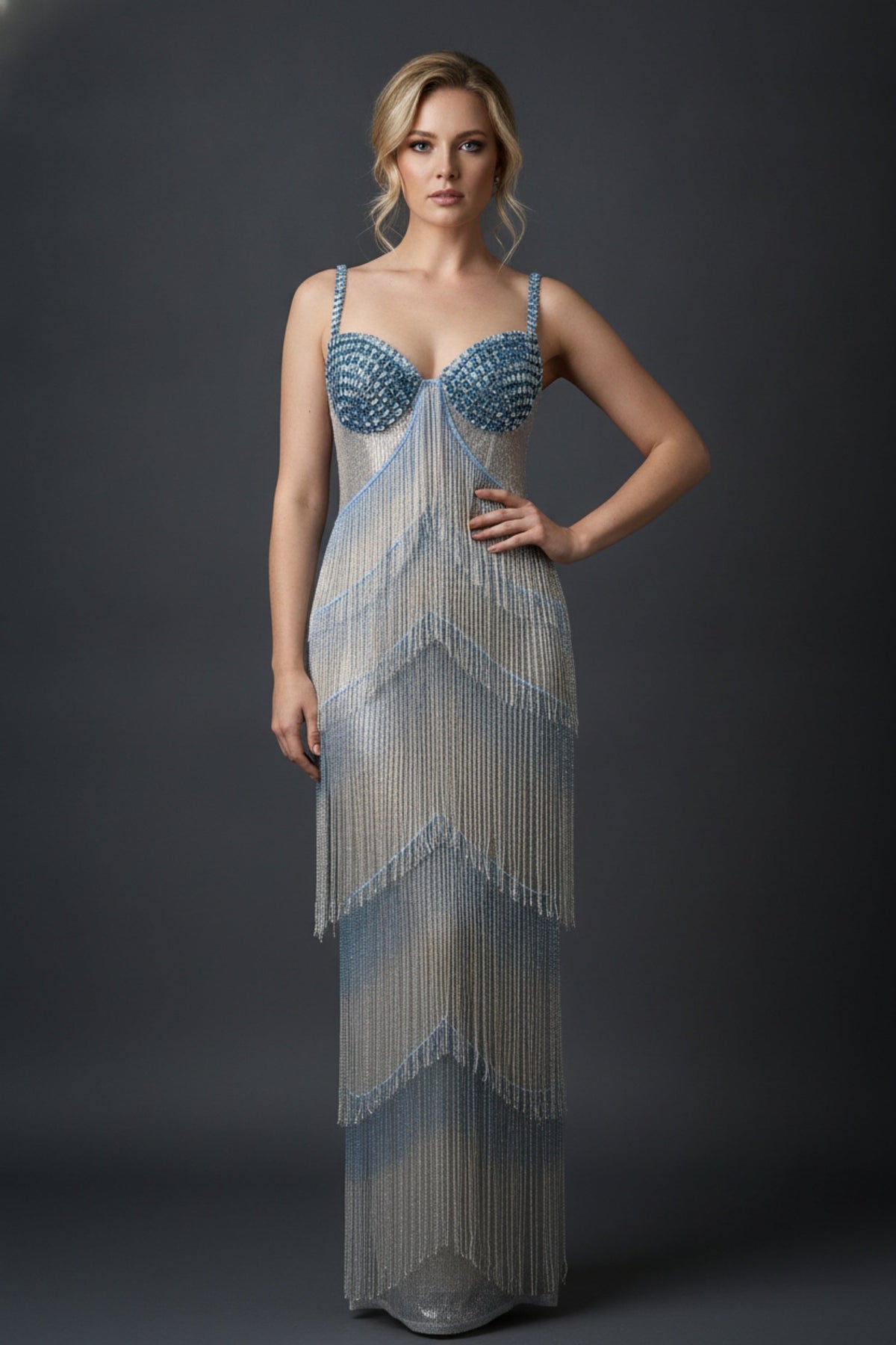 Tiered Fringe and Beaded Sequin Gown with Spaghetti Straps - VelvetHem