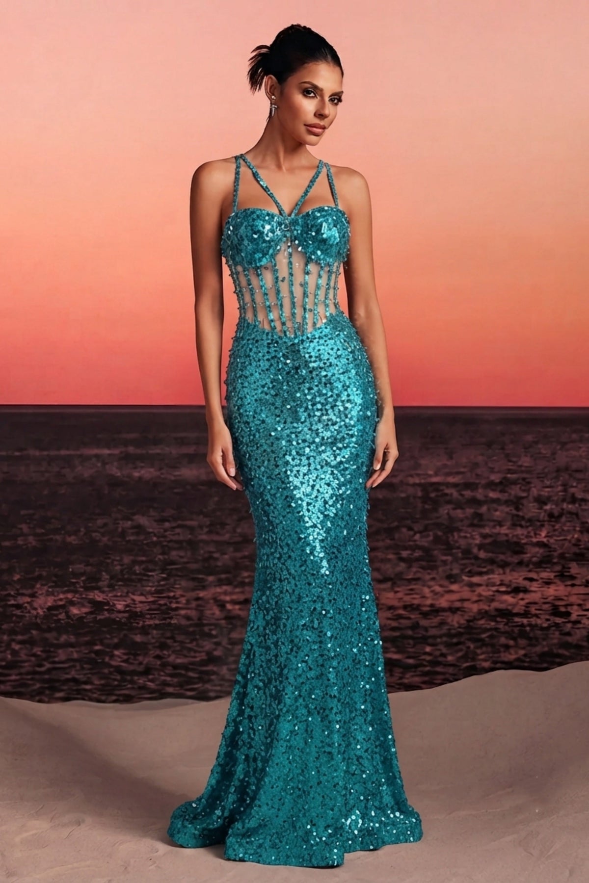 Sequined Spaghetti Strap Gown with Structured Corset Bodice - VelvetHem