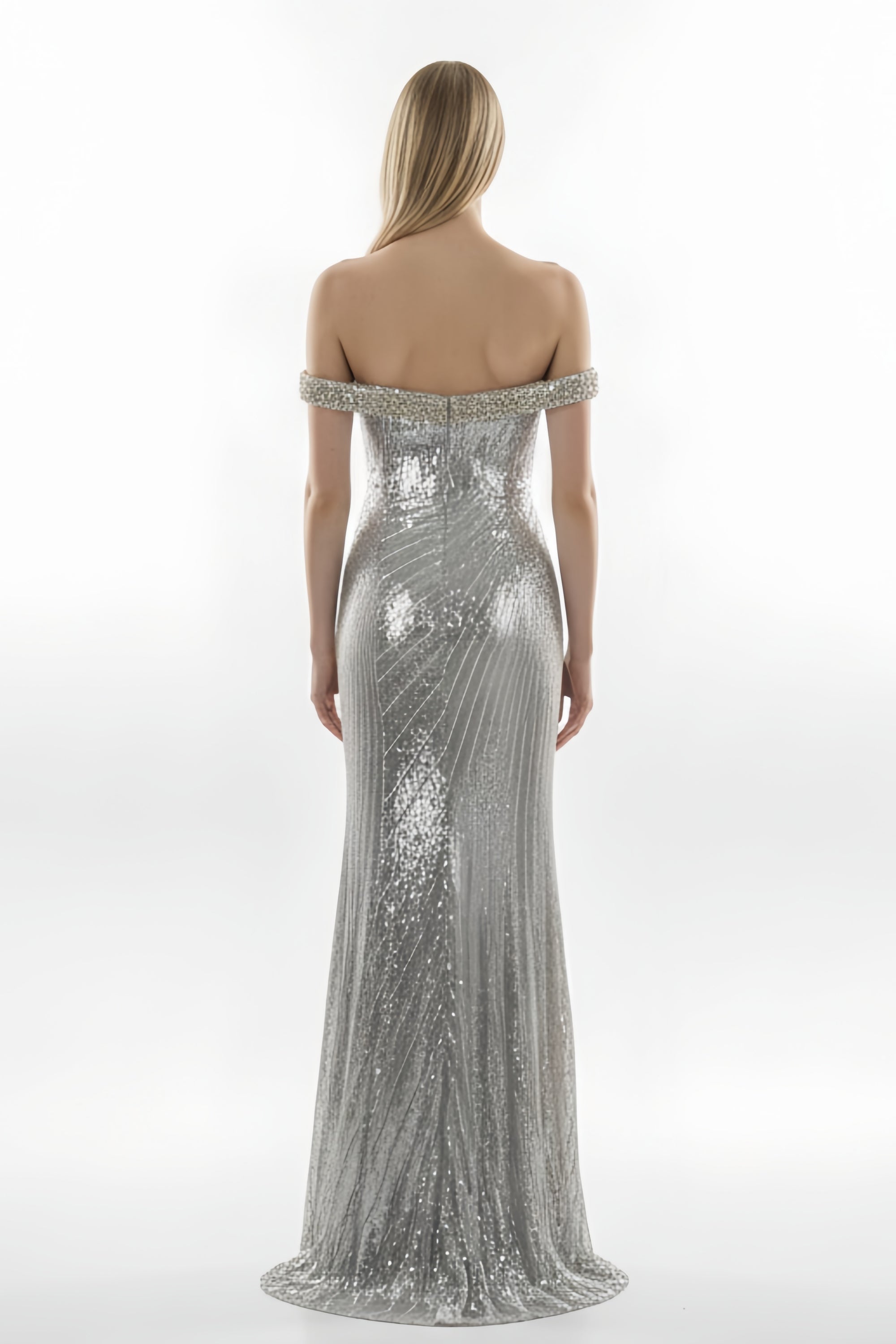 Off-the-Shoulder Sequin Mermaid Gown with Beaded Trim