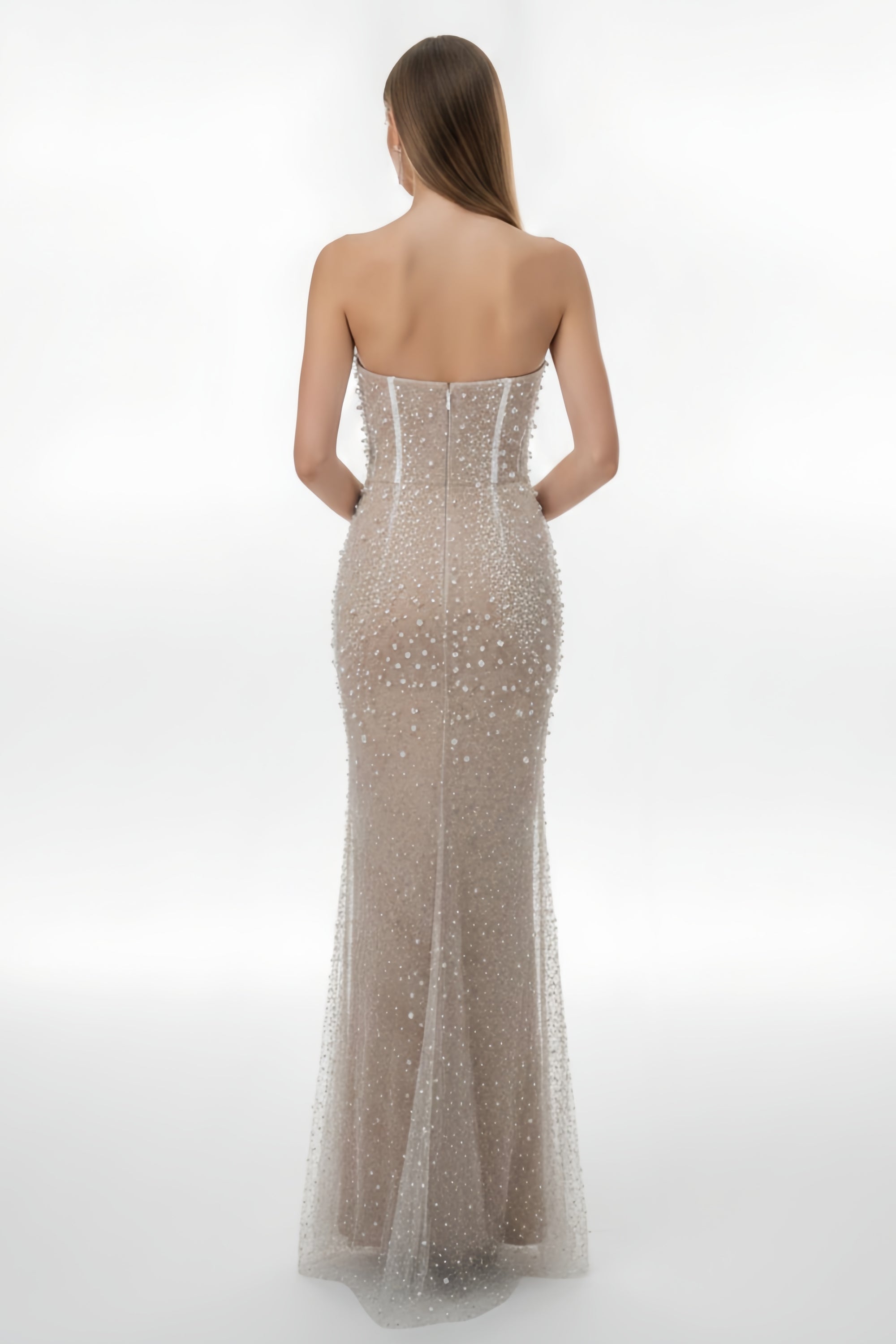 Strapless Corset Bodice Pearl Embellished Mermaid Gown