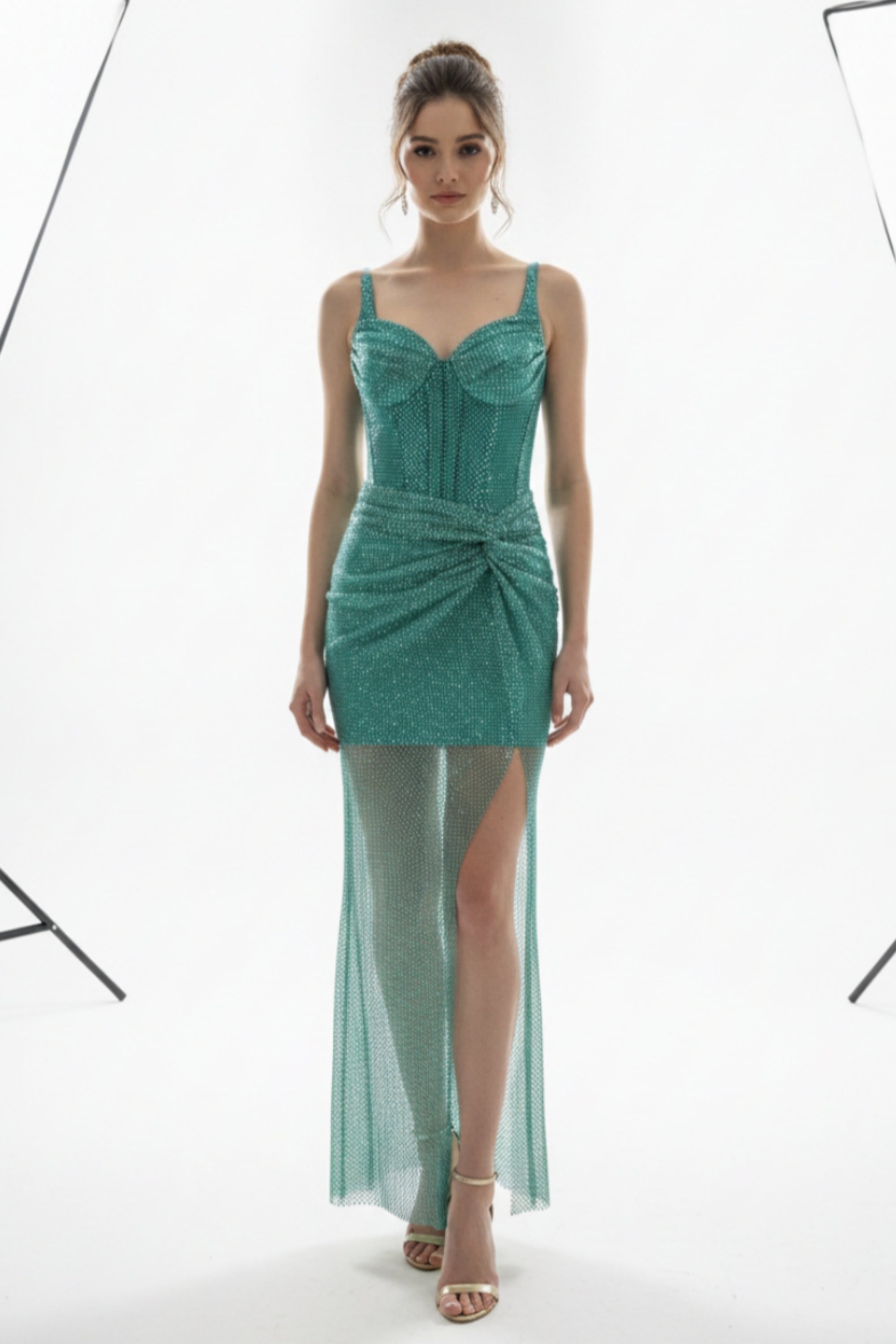 Spaghetti Strap Corset Mini Dress with Sheer Overlay and Slit