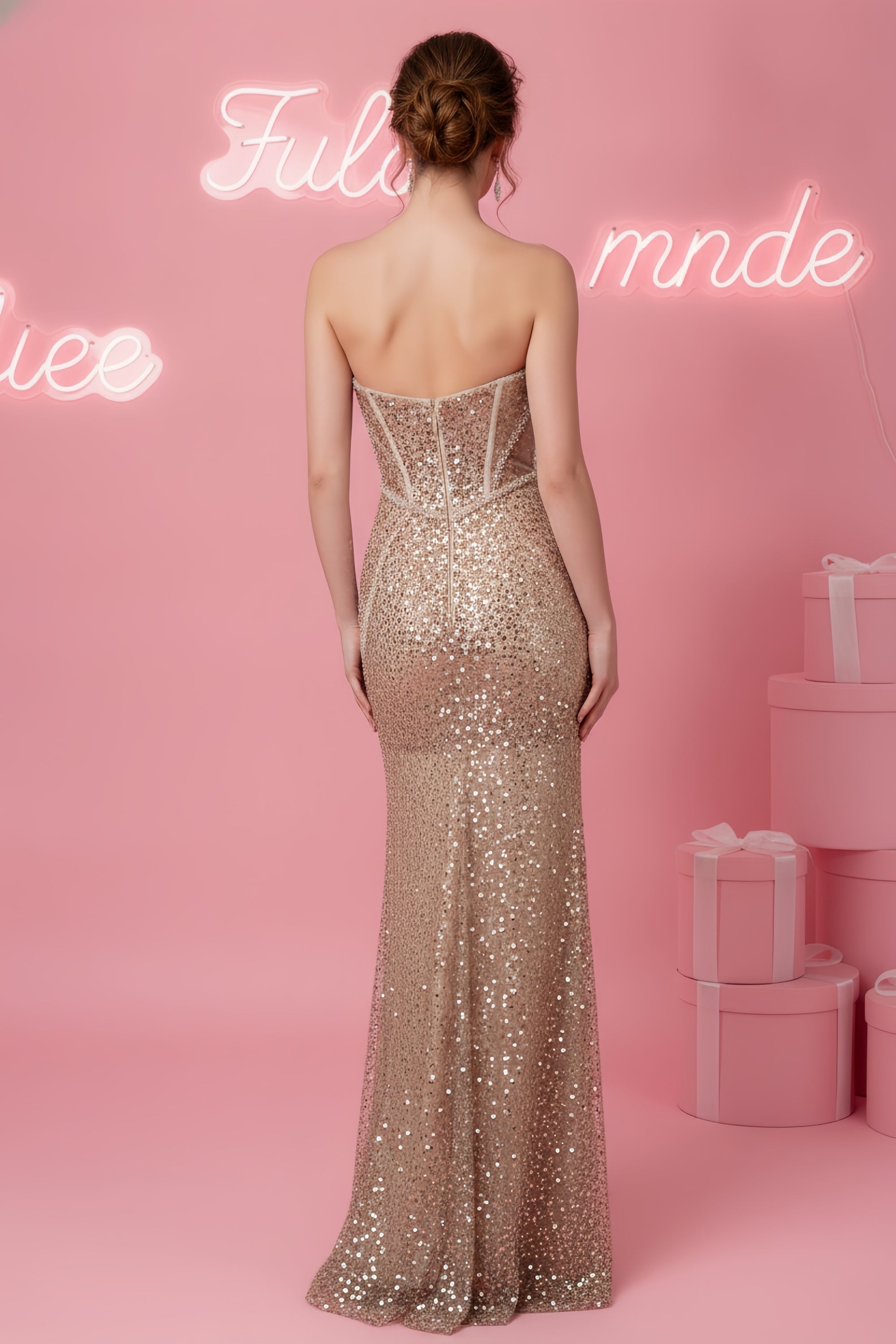 Strapless Corset Bodice Sequin Mermaid Gown with Cutouts