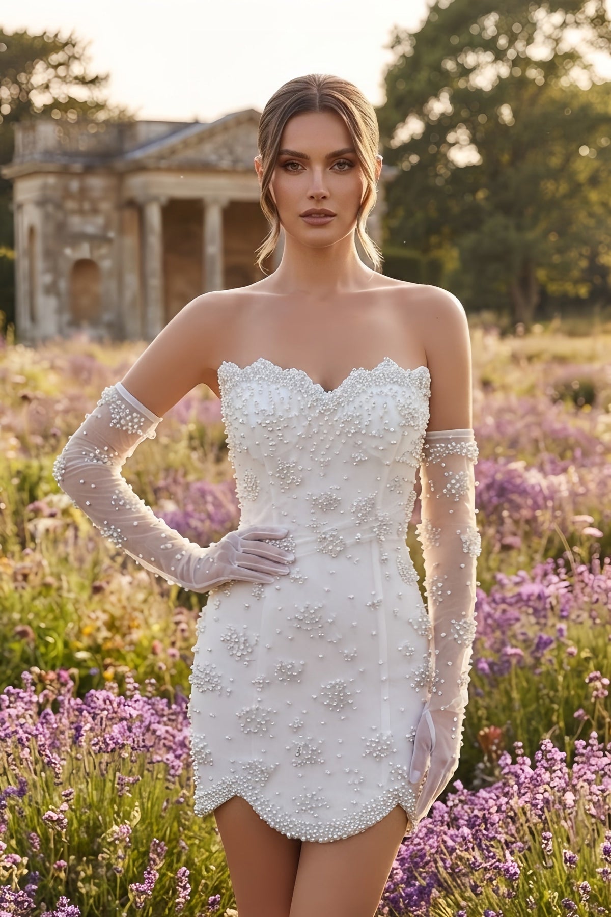 Allover Pearl Embellished Strapless Mini Dress with Gloves - VelvetHem