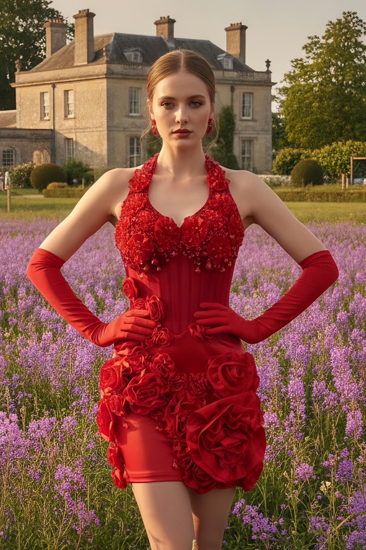 Floral Applique Halter Neck Corset Mini Dress with Gloves - VelvetHem