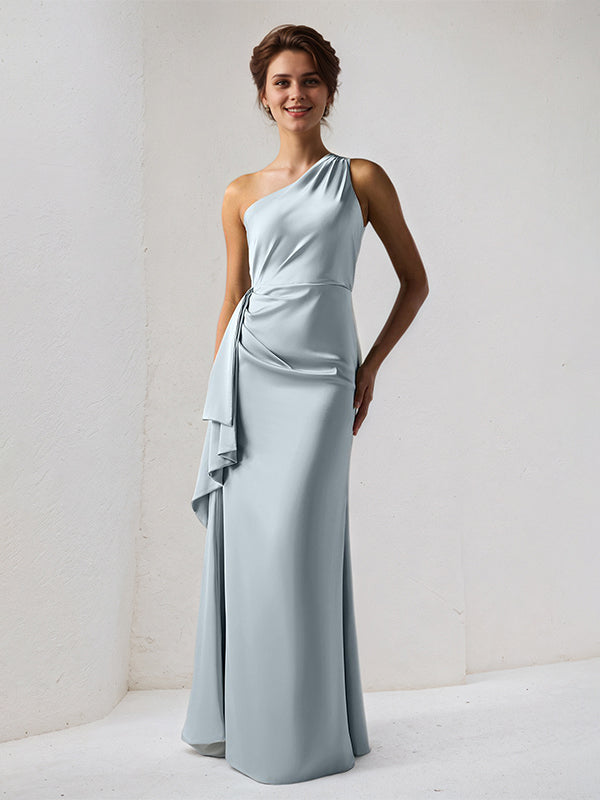 Dusty Blue Satin One Shoulder Sleeveless Floor Length Dress With Slit - VelvetHem