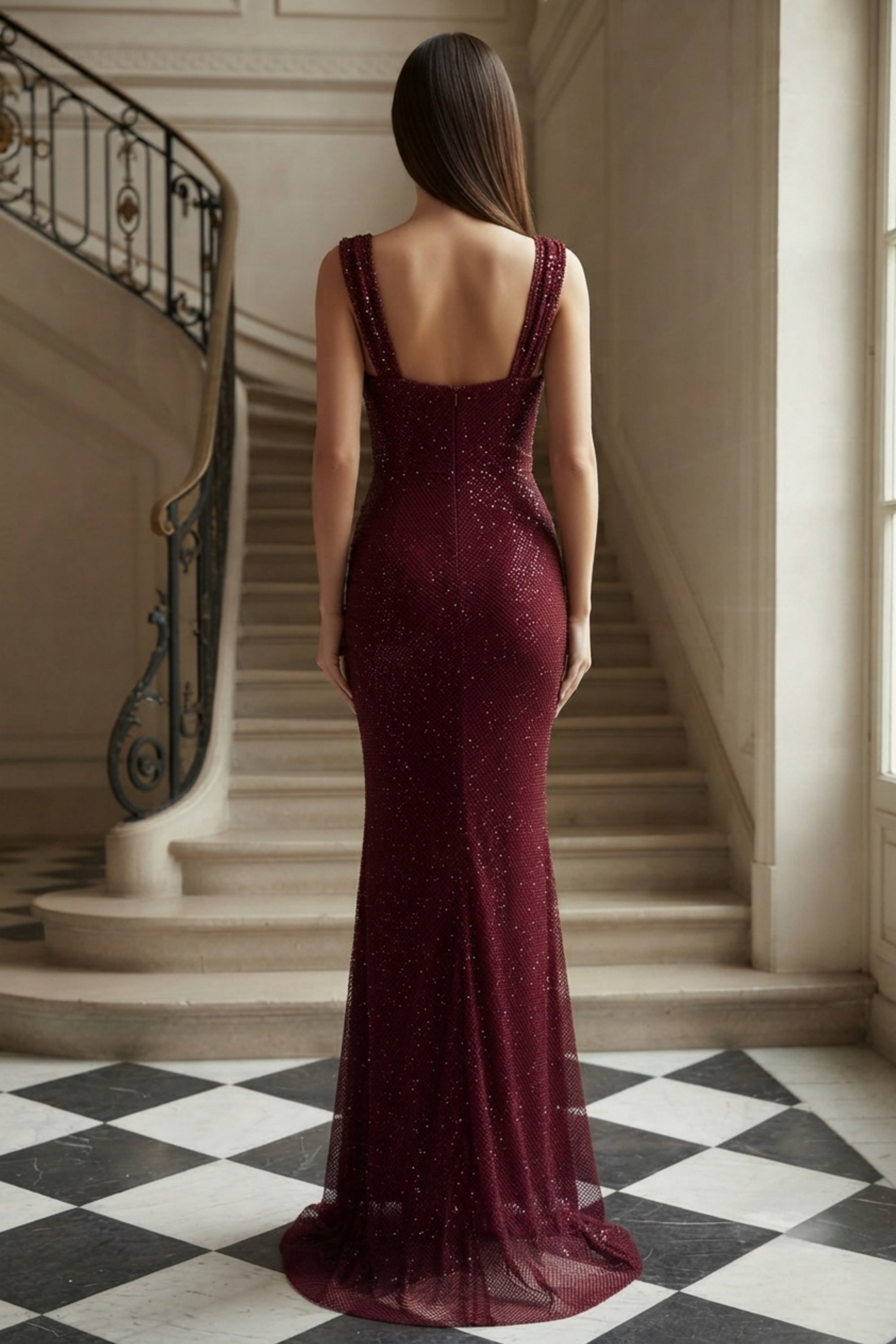 Sleeveless Draped Bodice Glitter Evening Gown with Side Cutout