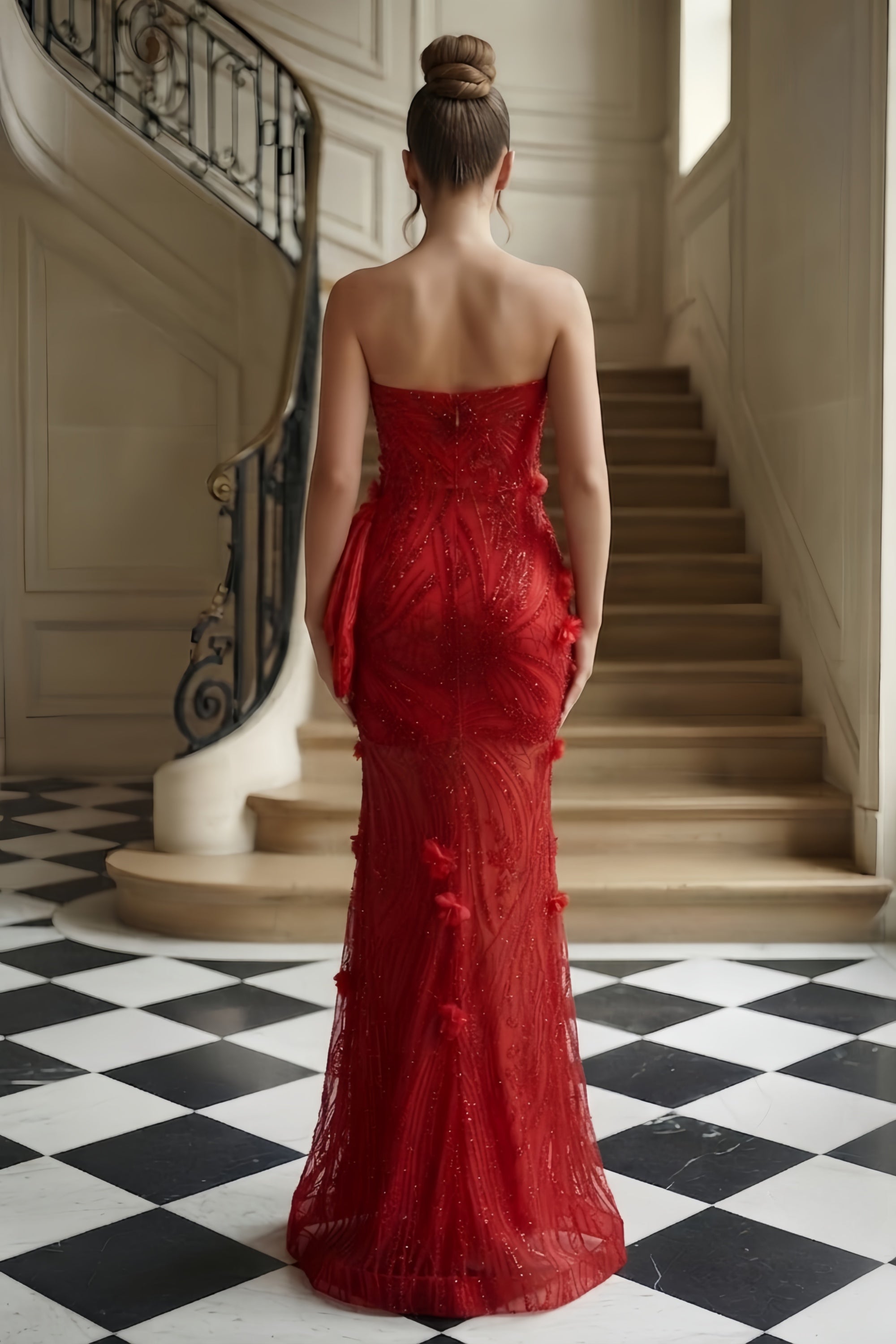 Strapless Plunging 3D Floral Appliques Mermaid Gown