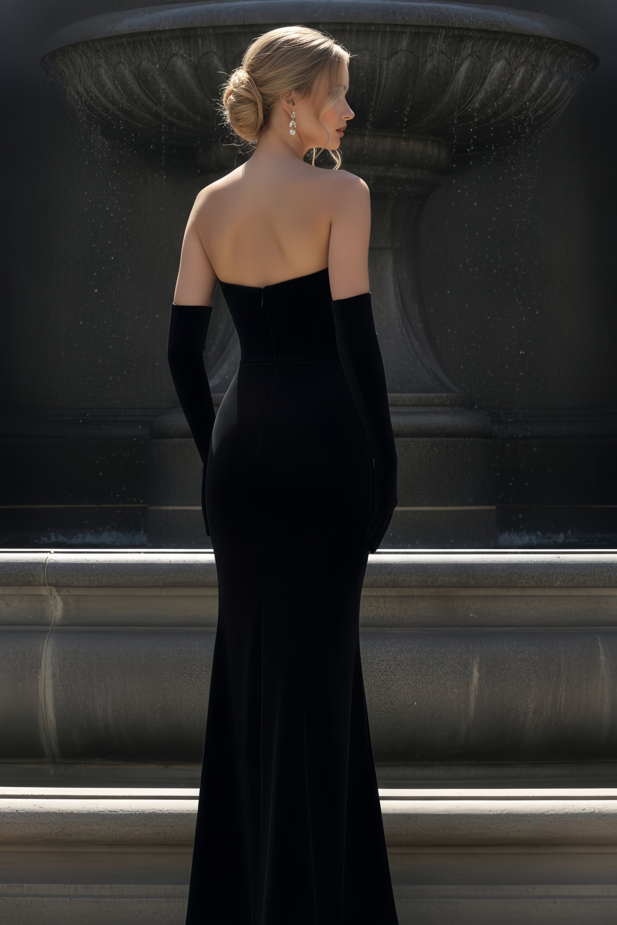 Strapless Embellished Velvet Mermaid Gown with Opera Gloves