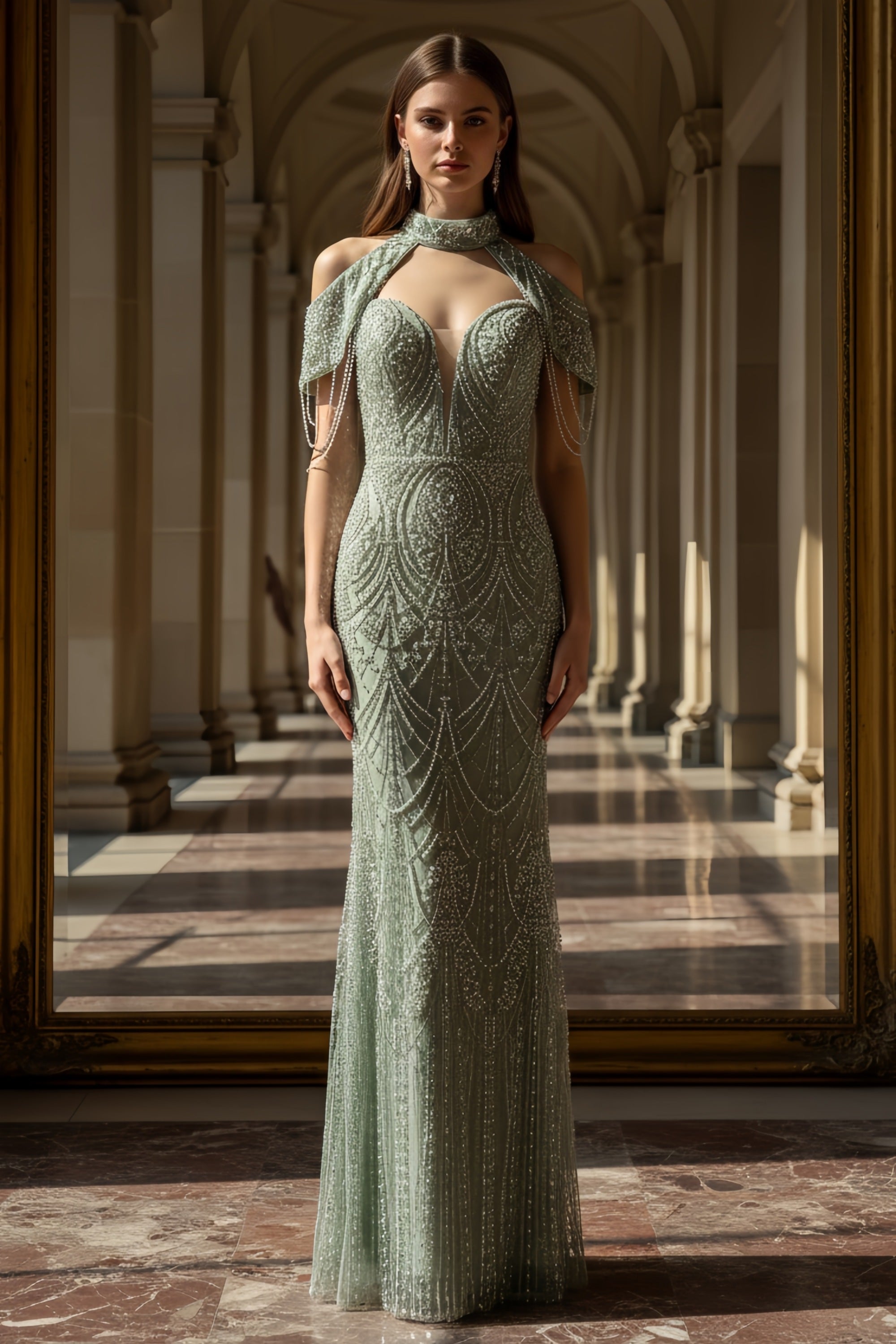 High-Neck Beaded Mermaid Gown with Draped Off-Shoulder Sleeves