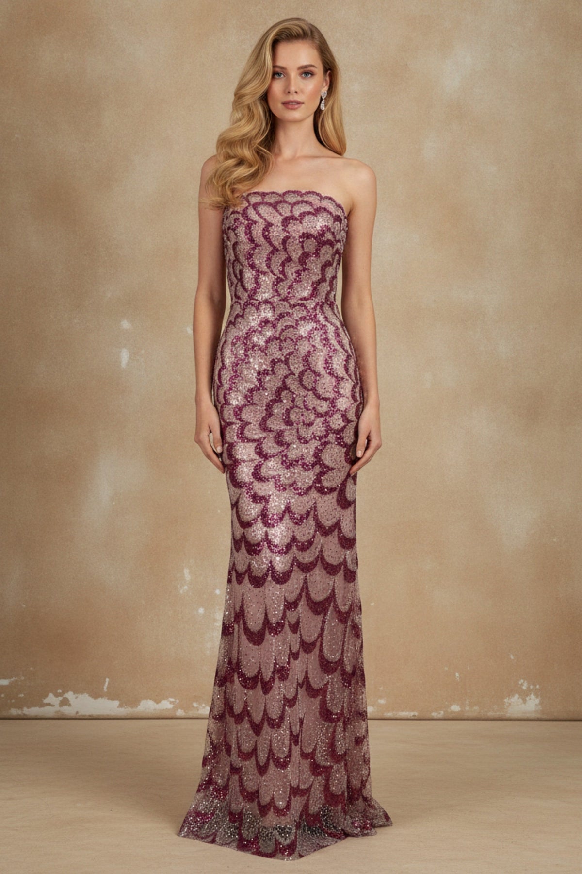Scalloped Sequin Strapless Mermaid Gown with Shimmering Finish - VelvetHem