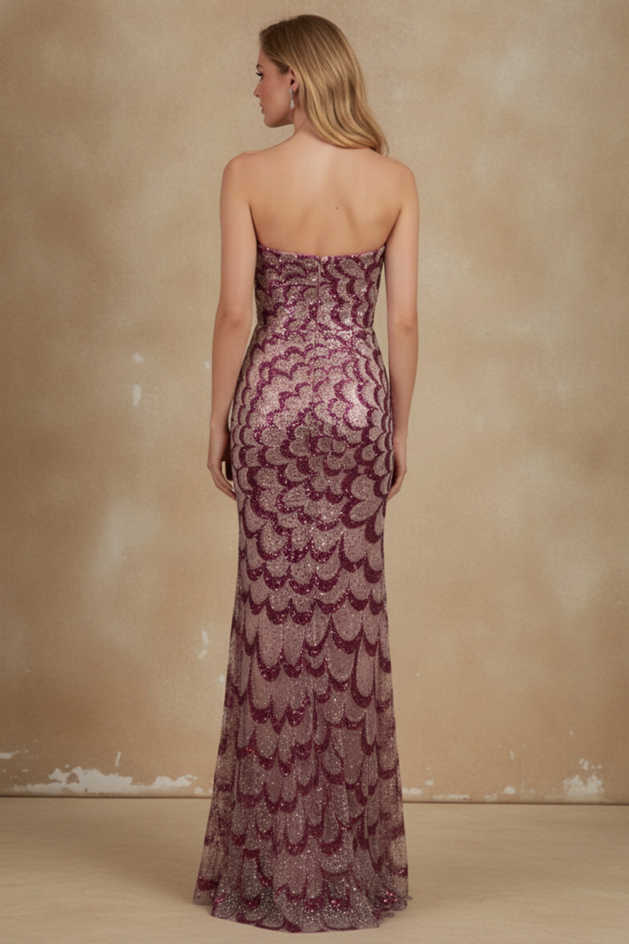 Scalloped Sequin Strapless Mermaid Gown with Shimmering Finish