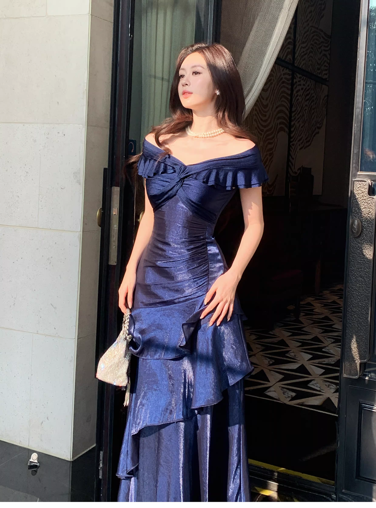 Stylish Navy Blue Off The Shoulder Satin Layered Ruffles Mermaid Long Evening Dress Prom Gown - View 9 | VelvetHem