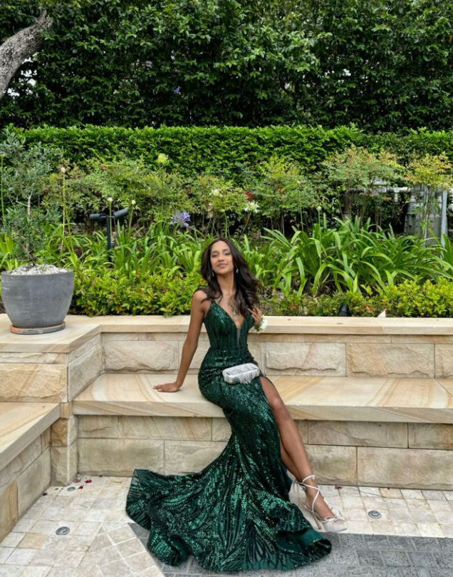Luxury V Neck Print Mermaid Slit Evening Dress Long Prom Dress - VelvetHem