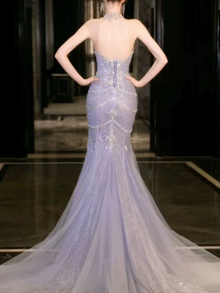 Luxury Lilac Mermaid Strapless Tulle Beaded Long Prom Dress,Evening Dress - View 3 | VelvetHem