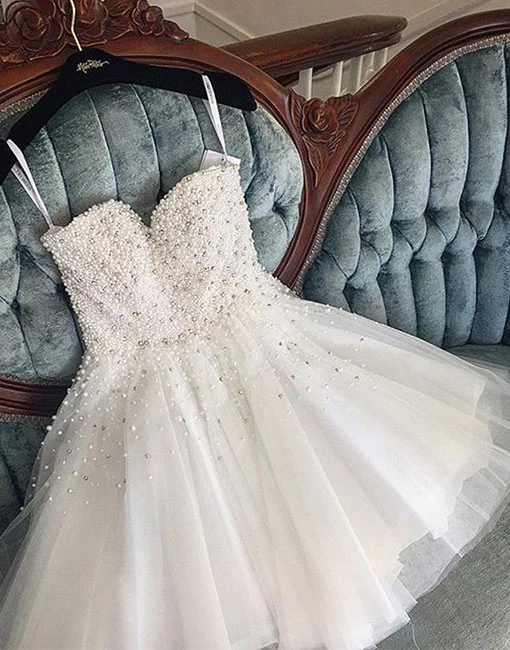 Cute white pearls tulle short prom dress, homecoming dress - VelvetHem